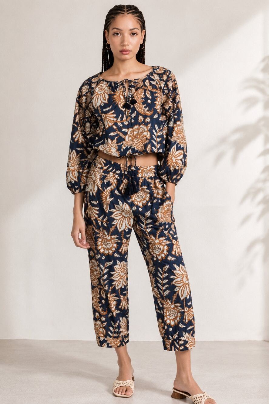 Figue Noa Batik Floral Cotton Pants Midnight Navy Drawstring Tassel Pocket S NWT